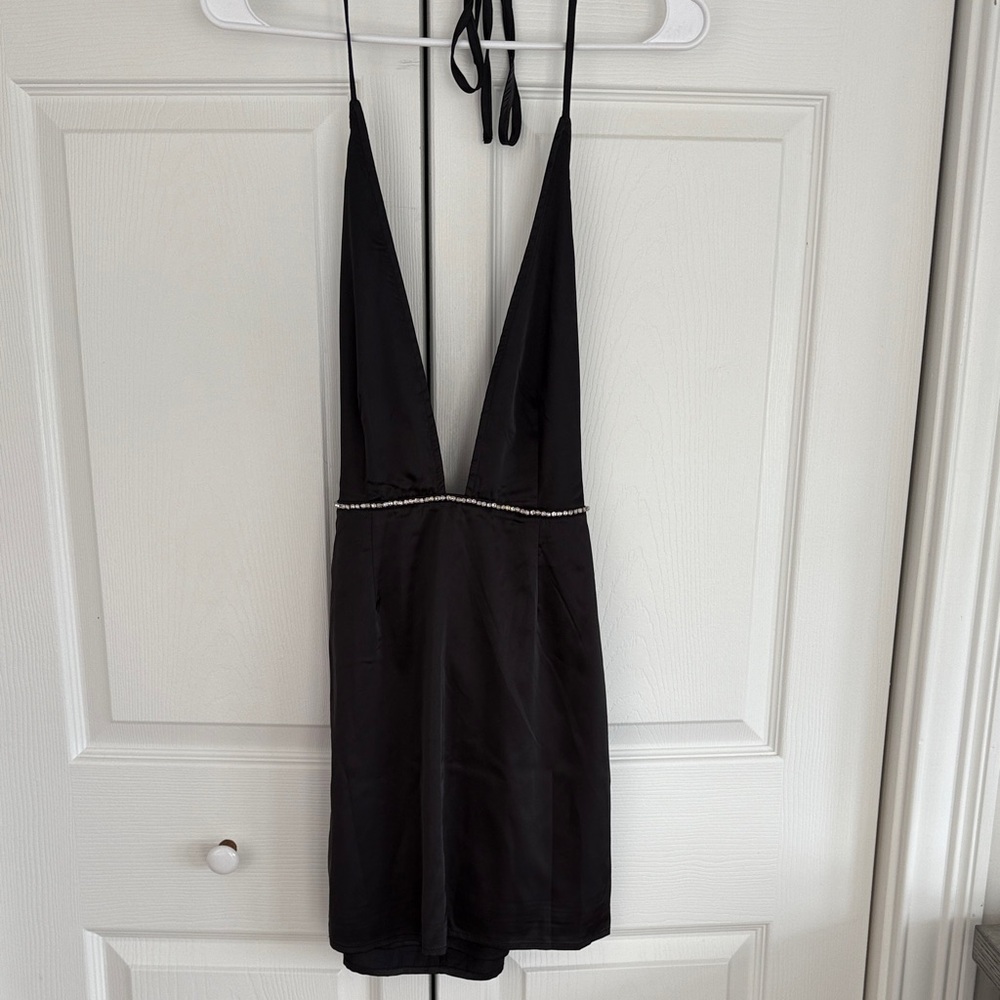 Pepper Mayo Black Halter Mini Dress with Beaded Detail